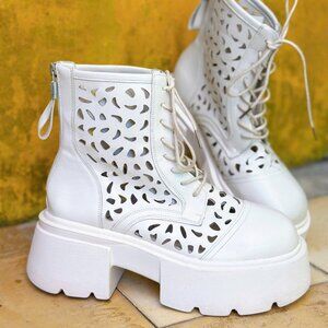 White Laser Cut Combat Boots Chunky Platform Edgy
